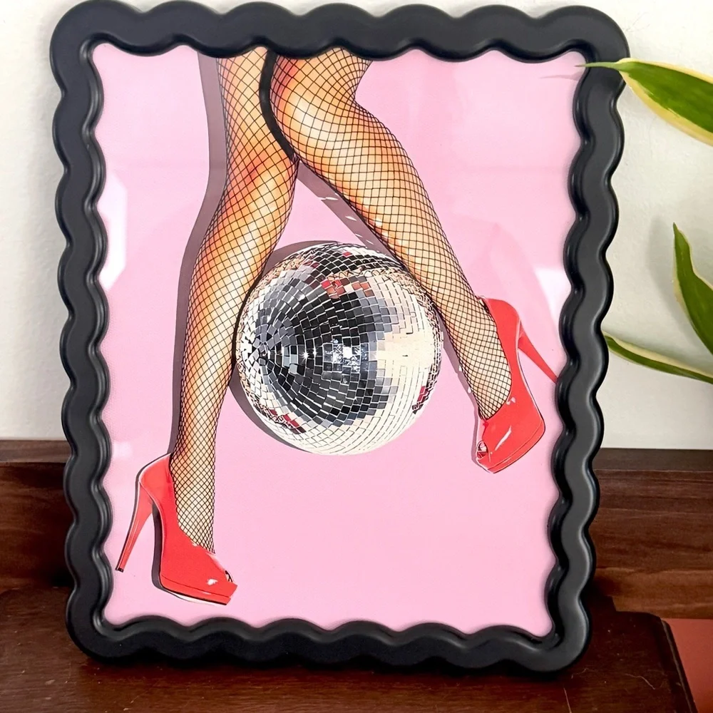 Fishnet Legs Disco Ball Party Red Heels Canvas Art Print Wavy Black Framed Art